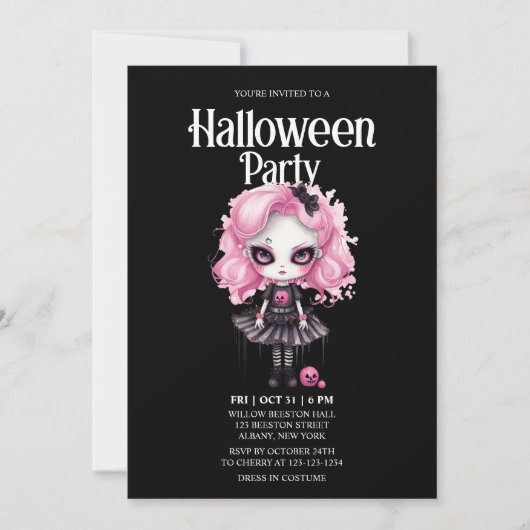 Gotisch Meisje Pompoen Roze Horror Halloween Party Kaart (Voorkant)