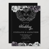 Gotisch Monogram Rozen Skelet Handen Bruiloft Kaart (Voorkant / Achterkant)