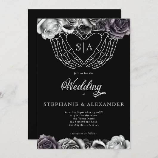 Gotisch Monogram Rozen Skelet Handen Bruiloft Kaart (Voorkant / Achterkant)