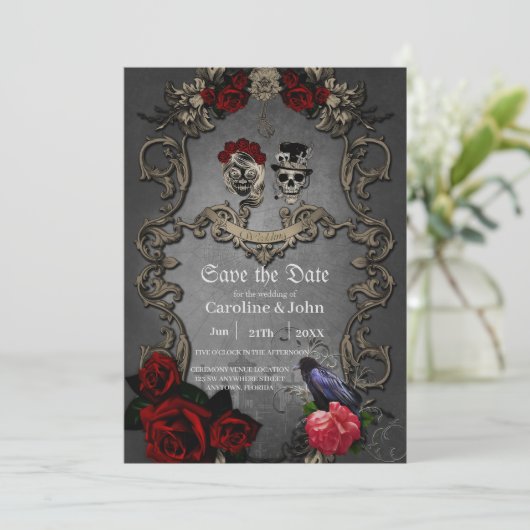 Gotisch ontwerp met coole schedels save the date (Staand voorkant)