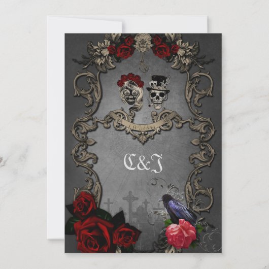 Gotisch ontwerp met coole schedels save the date (Achterkant)