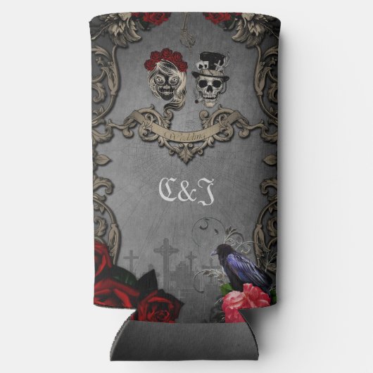 Gotisch ontwerp met coole schedels seltzer blikjeskoeler (Achterkant)