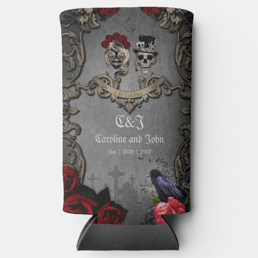 Gotisch ontwerp met coole schedels seltzer blikjeskoeler (Voorkant)