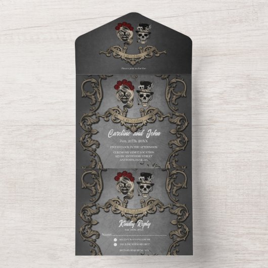 Gotisch ontwerp met koele schedels van all in one uitnodiging (Binnen)