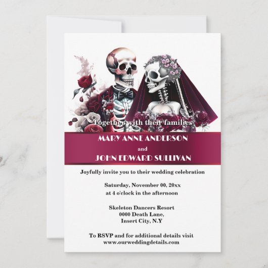 Gotisch paar bordeaux wit rose bruiloft kaart (Voorkant)