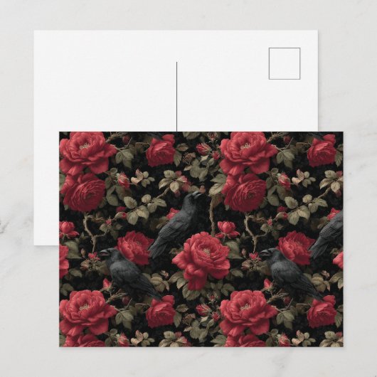 Gotisch patroon met rode rozen en kraaien briefkaart (Voorkant / Achterkant)
