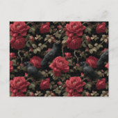 Gotisch patroon met rode rozen en kraaien briefkaart (Voorkant)