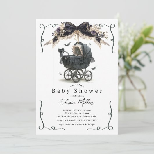 Gotisch  Pram Baby shower Kaart (Staand voorkant)