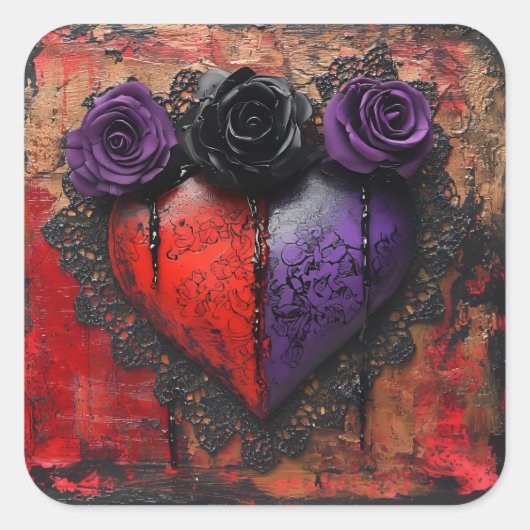 Gotisch rood en Paarse hart met bloemen Vierkante Sticker (Voorkant)