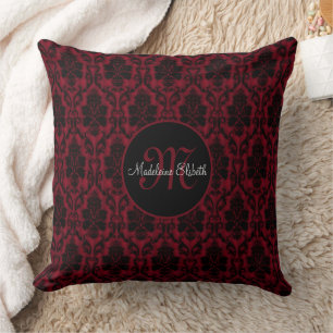 Gotisch rood en zwart damast monogram kussen