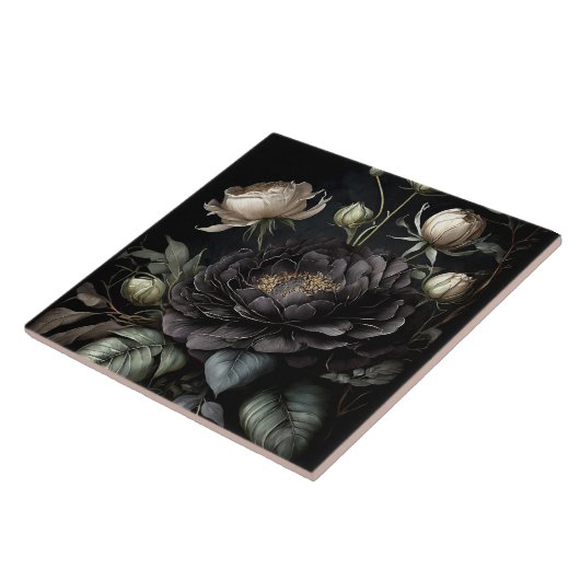 Gotisch Roos arrangement zwarte bloem Tegeltje (Zijkant)