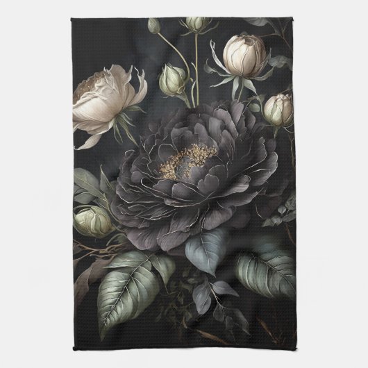 Gotisch Roos arrangement zwarte bloem Theedoek (Verticaal)