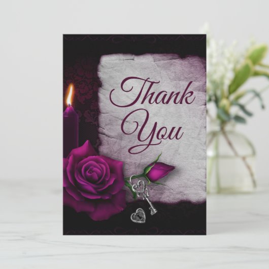 Gotisch Roos, kaarsje en Locket Party Bedankkaart (Staand voorkant)