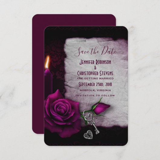 Gotisch Roos, kaarsje en twijdenhuis Save The Date (Voorkant / Achterkant)