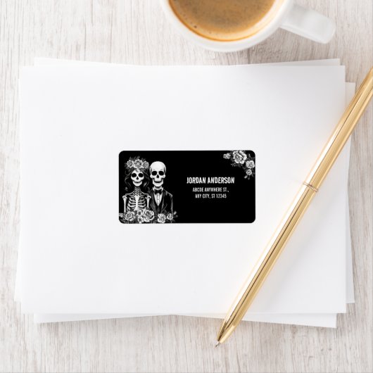 Gotisch skelet bloemenbruiloft etiket (Insitu)