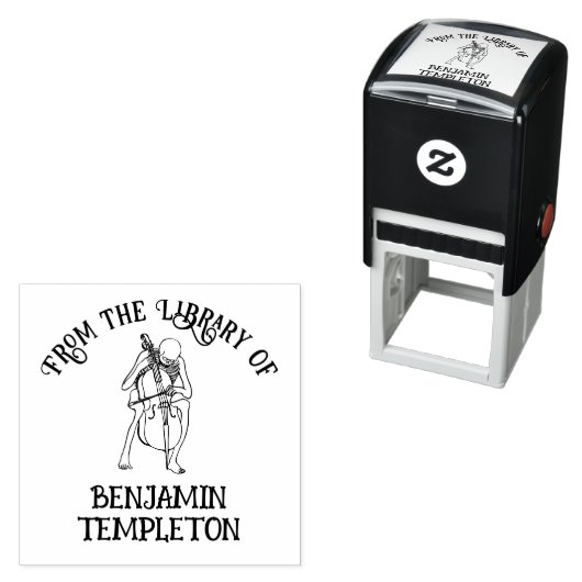 Gotisch Skelet dat Cellospeler Bibliotheek Boeknaa Zelfinktende Stempel (In situ)