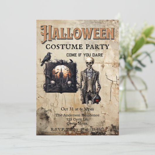 Gotisch Skelet en Potion Halloween Kostuum Party Kaart (Staand voorkant)