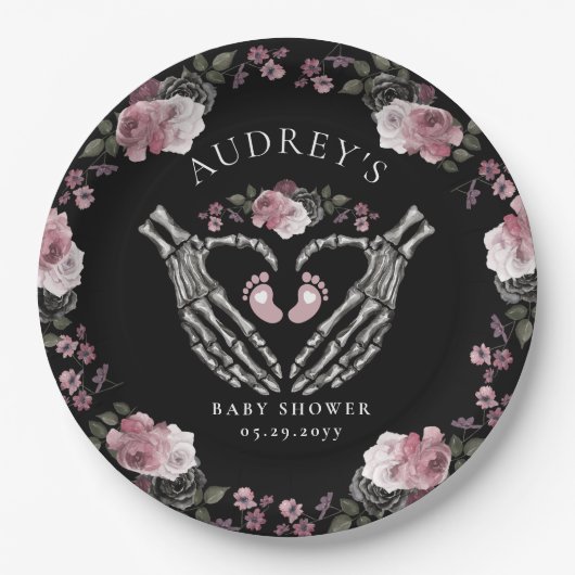 Gotisch Skelet Handen Hart Baby Meisje Douche Papieren Bordje (Voorkant)