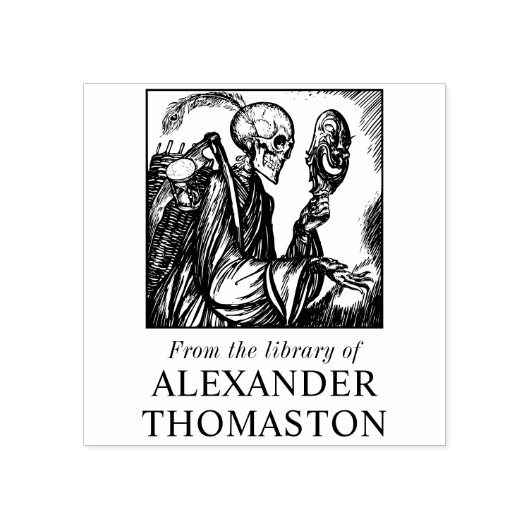 Gotisch Skelet Holding Masker Bibliotheek Boek Naa Rubberstempel (Afrduk)