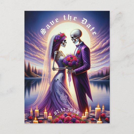 Gotisch Skelet Koppel Rode Rozen Save the Date Aankondigingskaart (Voorkant)
