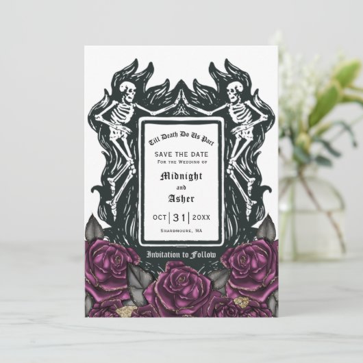 Gotisch Skelet Liefde Tot De Dood Doen Ons Deel Save The Date (Staand voorkant)