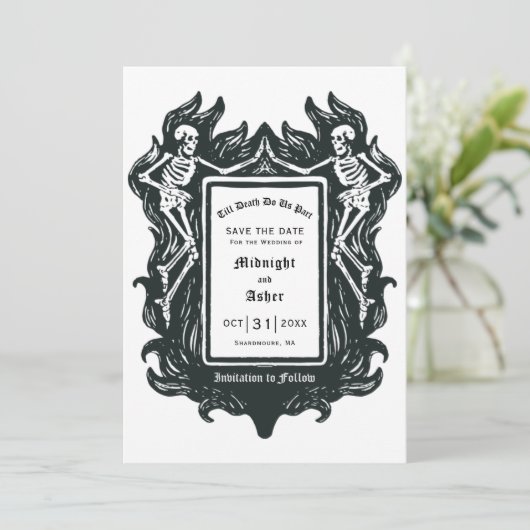 Gotisch Skelet Liefde Tot De Dood Doen Ons Deel Save The Date (Staand voorkant)