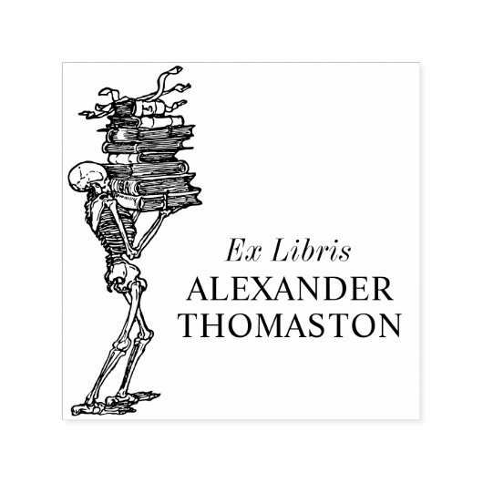 Gotisch skelet met boeken Bibliotheeknaam Zelfinktende Stempel (Design)