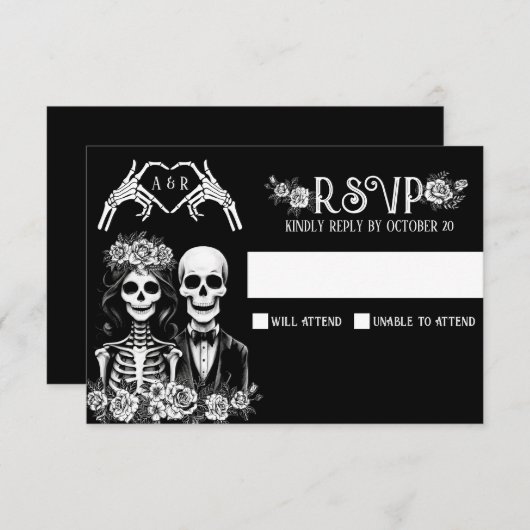 Gotisch skelet paar bloemenbruiloft RSVP kaartje (Voorkant / Achterkant)