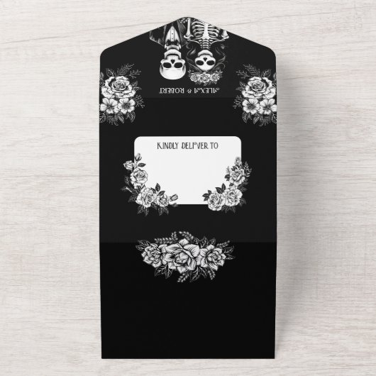 Gotisch skelet paar tot de dood ons scheiden all in one uitnodiging (Buitenkant)