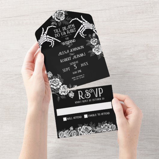 Gotisch skelet paar tot de dood ons scheiden all in one uitnodiging (Afscheurbaar)