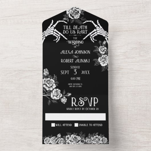 Gotisch skelet paar tot de dood ons scheiden all in one uitnodiging (Binnen)