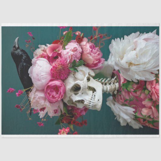 Gotisch Skelet Roze Bloemen Raven Donkere Decoupag Tissuepapier (Voorkant)