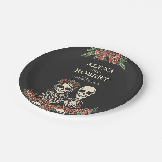 Gotisch skelet rozen koppel bruiloft papieren bordje (Gekanteld)