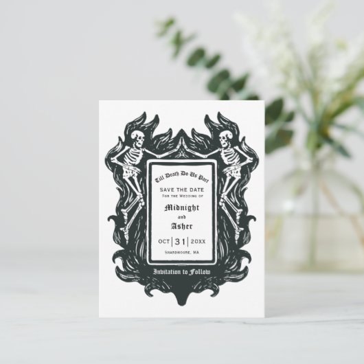 Gotisch skelet tot de dood doen ons deel de datum aankondigingskaart (Staand voorkant)