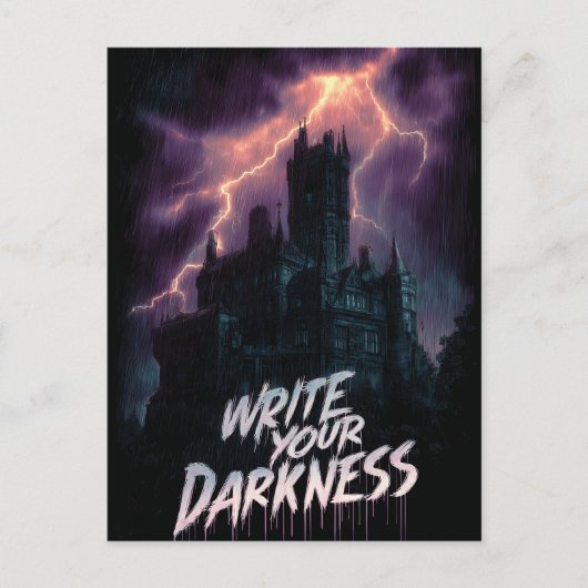 Gotisch spookkasteel onder onweer met tekst briefkaart (Voorkant)