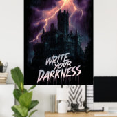 Gotisch spookkasteel onder onweer met tekst poster (Thuiskantoor)