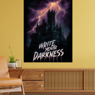Gotisch spookkasteel onder onweer met tekst poster