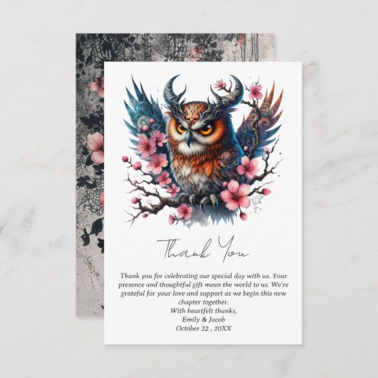 Gotisch thema Grappige Uil Bloemen bruiloft Bedankkaart (Voorkant / Achterkant)