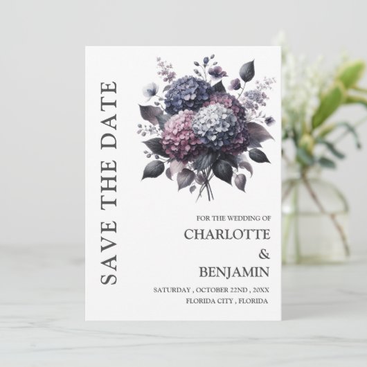 Gotisch thema Hydrangea bloemenbruiloft Save The Date (Staand voorkant)