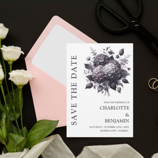 Gotisch thema Hydrangea bloemenbruiloft Save The Date
