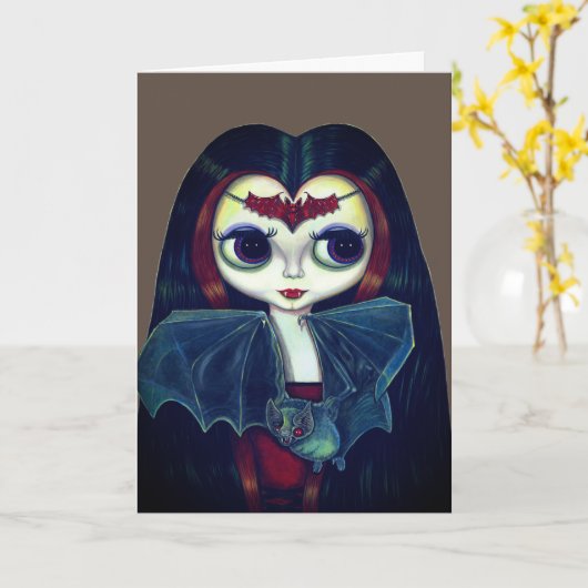 Gotisch vampiermeisje met vleermuis grote ogen sch kaart (Gele Bloem)