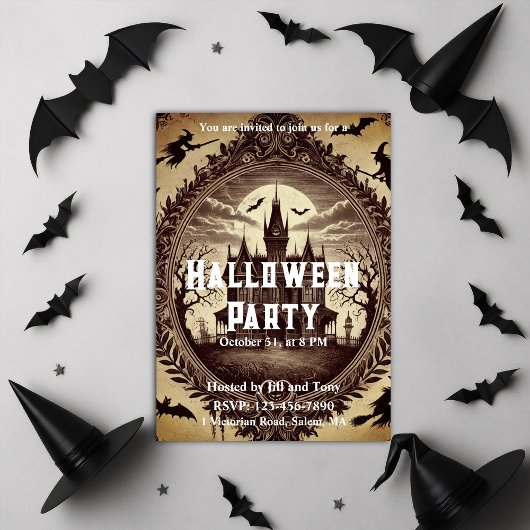 Gotisch Victoriaans spookhuis Halloween Party Kaart