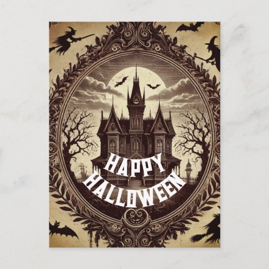 Gotisch Victoriaans spookhuis Happy Halloween Feestdagenkaart (Voorkant)