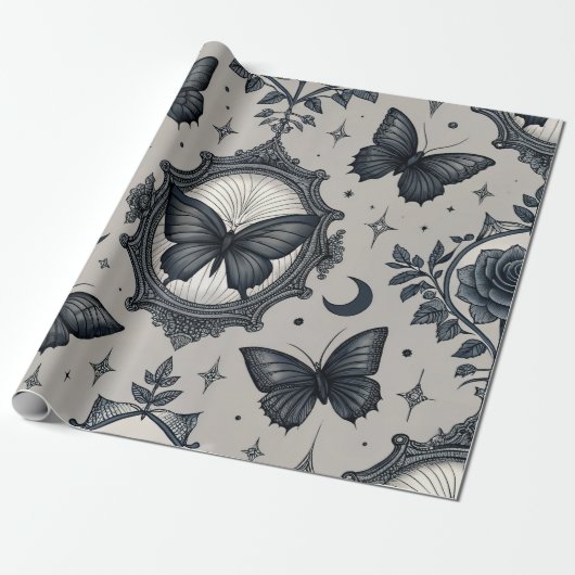 Gotisch Vlinder Bloemmotief (2) Cadeaupapier (Uitgerold)