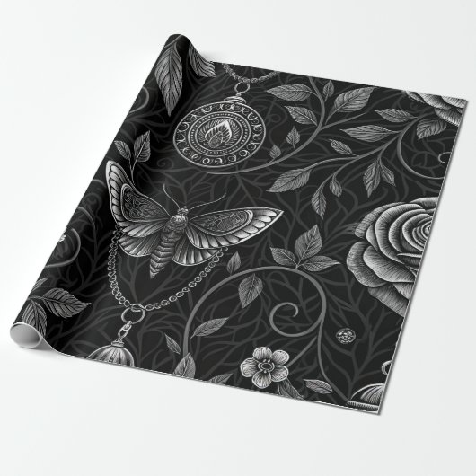 Gotisch Vlinder Bloemmotief (3) Cadeaupapier (Uitgerold)