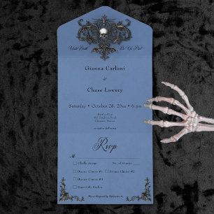 Gotisch Zwart & Blauw Halloween Filigraan Diner All In One Uitnodiging