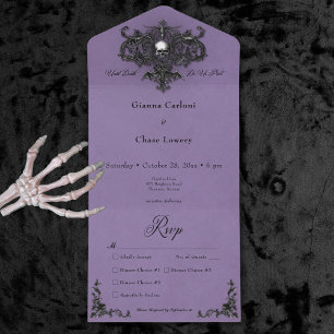 Gotisch Zwart & Paarse Halloween Filigraan Diner All In One Uitnodiging