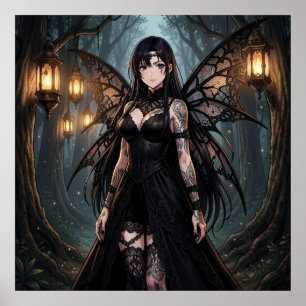 Gotische anime fee meisje in betoverd bos poster