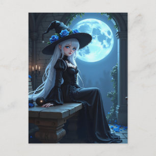 Gotische Anime Heks Volle Blauwe Maan Halloween Feestdagenkaart