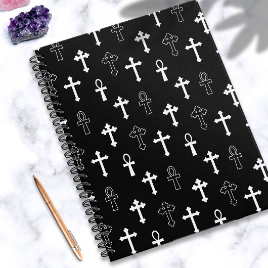 Gotische Ankh Cross Zwart Wit Symbool Patroon Notitieboek